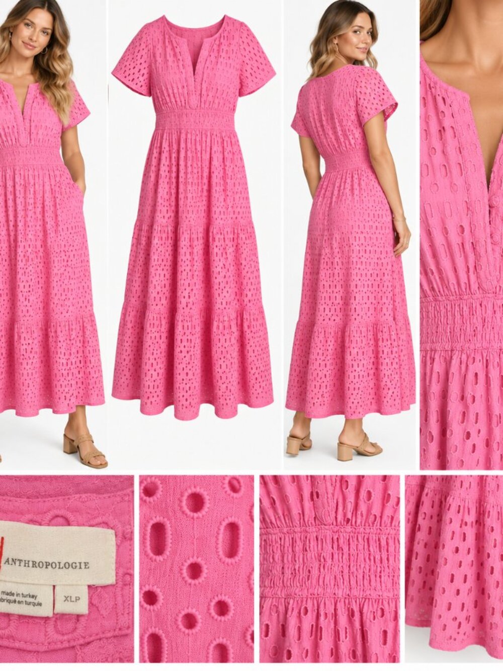 Anthropologie XLP Pink Eyelet Tiered Maxi Dress Cottagecore Romantic Smocked